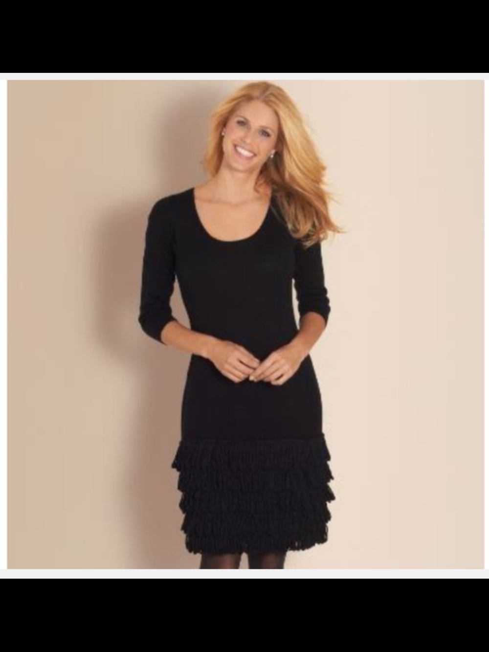 Soft Surroundings Black Scoop Neck Fringe-Trim Long Sleeve Dress, Medium